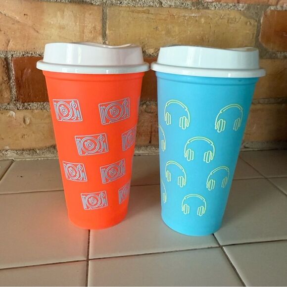 2 - Starbucks Reusable Grande 16 oz Hot Cold Cup Cups Bright Orange Baby Blue - Picture 7 of 13